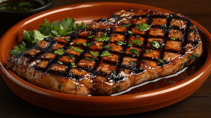 A perfectly grilled steak with char marks and a savory glaze, served on a brown plate with fresh parsley.