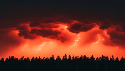 Wall Mural - Lightning strikes illuminate a dark, stormy sky over a forest silhouetted against the red glow.