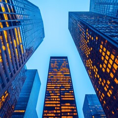 Canvas Print - Low angle view of modern skyscrapers in a city at dusk.