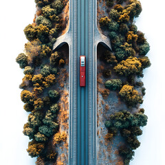 aerial drone shot of train track with a bridge passing through with traffic highlighted by white, detailed, png