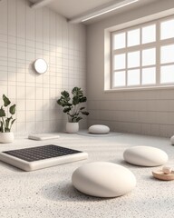 Poster - Minimalist interior design with white tiles, large window, and zen-like decor.