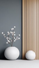 Poster - Minimalist interior design with white cotton branch in vase against wooden wall.