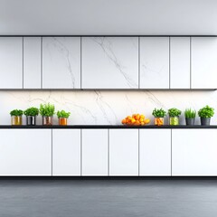 Poster - Minimalist kitchen interior with white cabinets and marble backsplash.