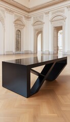 Poster - Modern black table with geometric cutouts in a white room with arched doorways.