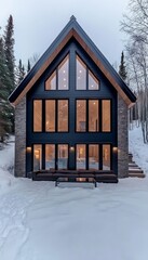 Poster - Modern cabin with large windows overlooking a snowy landscape.