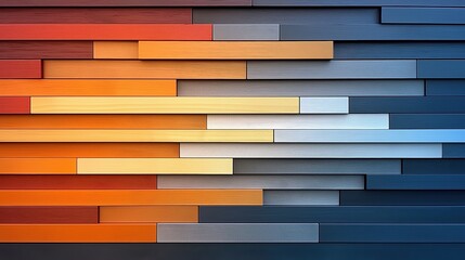 Wall Mural - Colorful wall made of wood with a blue stripe. The wall is made of different colored wood, including orange, yellow, and blue. The wall is a creative