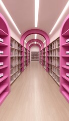 Wall Mural - Modern pink retail store interior with arched shelves and wooden floor.