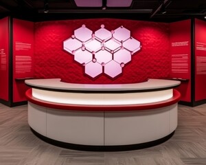 Wall Mural - Modern reception desk with a white counter, red wall, and a pink hexagonal design.