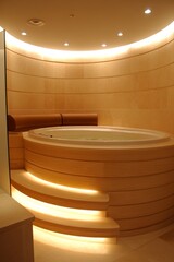 Wall Mural - Modern spa with a round jacuzzi surrounded by wooden walls and steps.