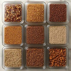 Poster - Nine square containers filled with various grains and nuts.