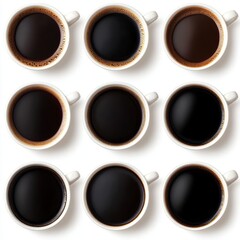 Sticker - Nine white coffee mugs filled with black coffee viewed from above on a white background.