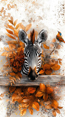 Wall Mural -   A zebra peeks out from behind a leafy branch as a bird perches atop