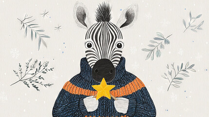 Wall Mural -   Zebra holding a star in front of snowflakes on a white backdrop