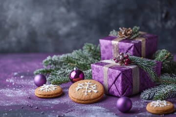 Wall Mural - Composition with beautiful Christmas gifts, decorations and cookies on violet grunge background