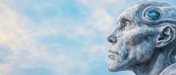  A tight shot of a statued man boasting blue eyes..Or,..Up-close view of a statue depicting a man with blue eyes..