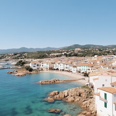 Wall Mural - Picturesque coastal town with whitewashed buildings, a sandy beach, and turquoise water under a bright blue sky.