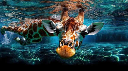 Wall Mural -   A close-up of a giraffe swimming in a body of water with a ball in its mouth