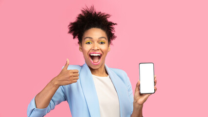 Poster - I Recommend. Excited afro woman showing cellphone with black blank screen, doing thumb up gesture, mock up