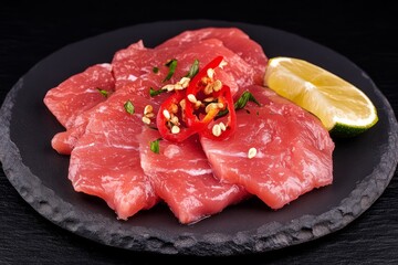 Raw meat slices on a black plate with lime and red pepper.