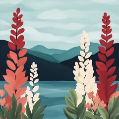 Wall Mural - Red and white flowers with green leaves in front of a blue lake and mountains.