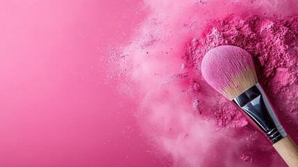   Pink powder makeup brush on pink background with powder sprinkles