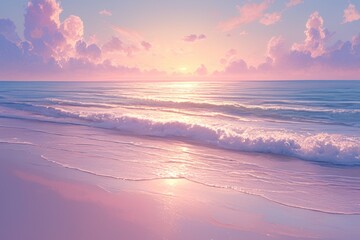 Canvas Print - A serene beach scene at sunset with soft waves and pastel colors.