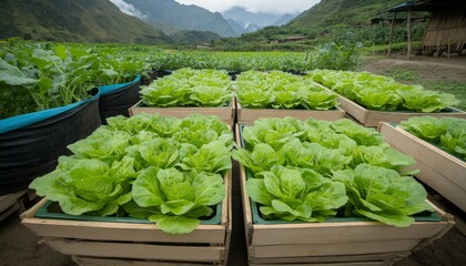 Wall Mural - Rows of fresh lettuce plants growing in wooden boxes, with a mountainous backdrop.