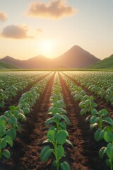 Poster - Rows of green plants growing in a field at sunset with mountains in the distance.