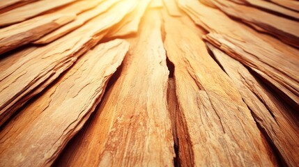 Canvas Print - Rustic wooden planks arranged in a converging pattern, illuminated by warm sunlight.