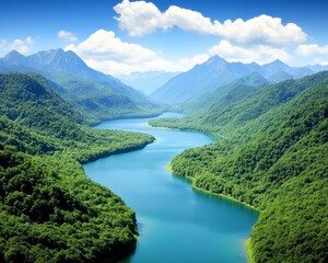 Serene mountain river winding through lush green forest, blue sky with fluffy white clouds.