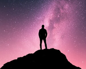 Silhouette of a man standing on a hilltop under a starry night sky with the Milky Way Galaxy visible.