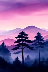 Wall Mural - Silhouettes of tall trees against a purple and pink mountain range with misty fog.