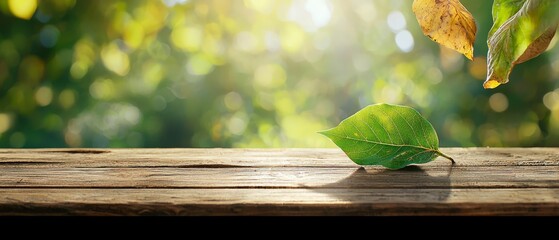  A pristine green leaf atop a weathered wooden table