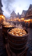 Wall Mural - Steaming dumplings on wooden baskets at a bustling medieval marketplace in the evening, with a blurry background of people walking and traditional buildings.