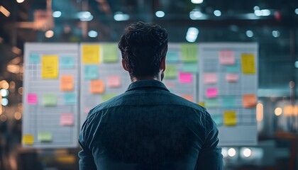 Poster - Business professional analyzing colorful sticky notes on a board during a strategic meeting in a modern office environment.