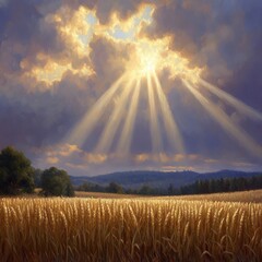 Wall Mural - Sunbeams shining through clouds over a golden wheat field.