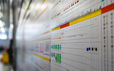 Poster - Close-up view of a detailed chart on a wall, showcasing colorful data points, graphs, and statistical analysis in a modern workspace.