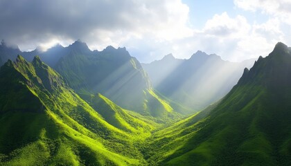 Canvas Print - Sunlight streams through a valley between lush green mountains.