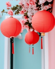 Wall Mural - Three red Chinese lanterns hanging from a pink and blue wall, decorated with pink flowers.