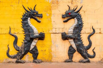 Two black dragons facing each other on a yellow wall.