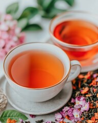 Sticker - Two cups of tea with loose tea leaves and flowers.