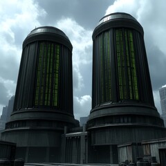 Wall Mural - Two futuristic towers with glowing green windows against a cloudy sky.