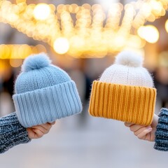 Wall Mural - Two hands hold out blue and yellow knit winter hats with pom-poms in front of a festive, blurred, light background.