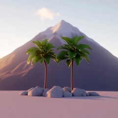 Wall Mural - Two palm trees stand in front of a snow-capped mountain at sunset.