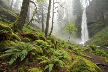 Wall Mural - Forest floor moss and ferns surround the base of a misty waterfall, floor, surround, scenery, serene