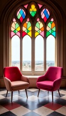 Poster - Two pink armchairs face a large stained glass window overlooking a city.