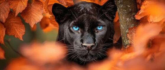 A black panther with blue eyes peeking out from behind a tree