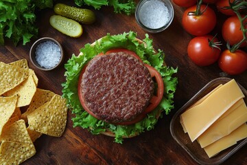 Wall Mural - A delicious burger setup with fresh vegetables, cheese, and snacks ready for a tasty meal