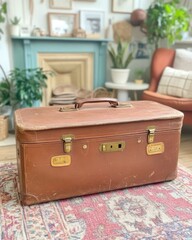 Poster - Vintage brown leather suitcase with brass accents on a rug in a room with plants and a fireplace.