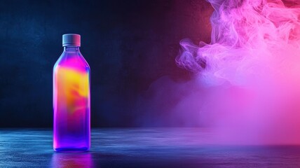 Poster - Neon Energy Drink in Transparent Bottle with Abstract Background